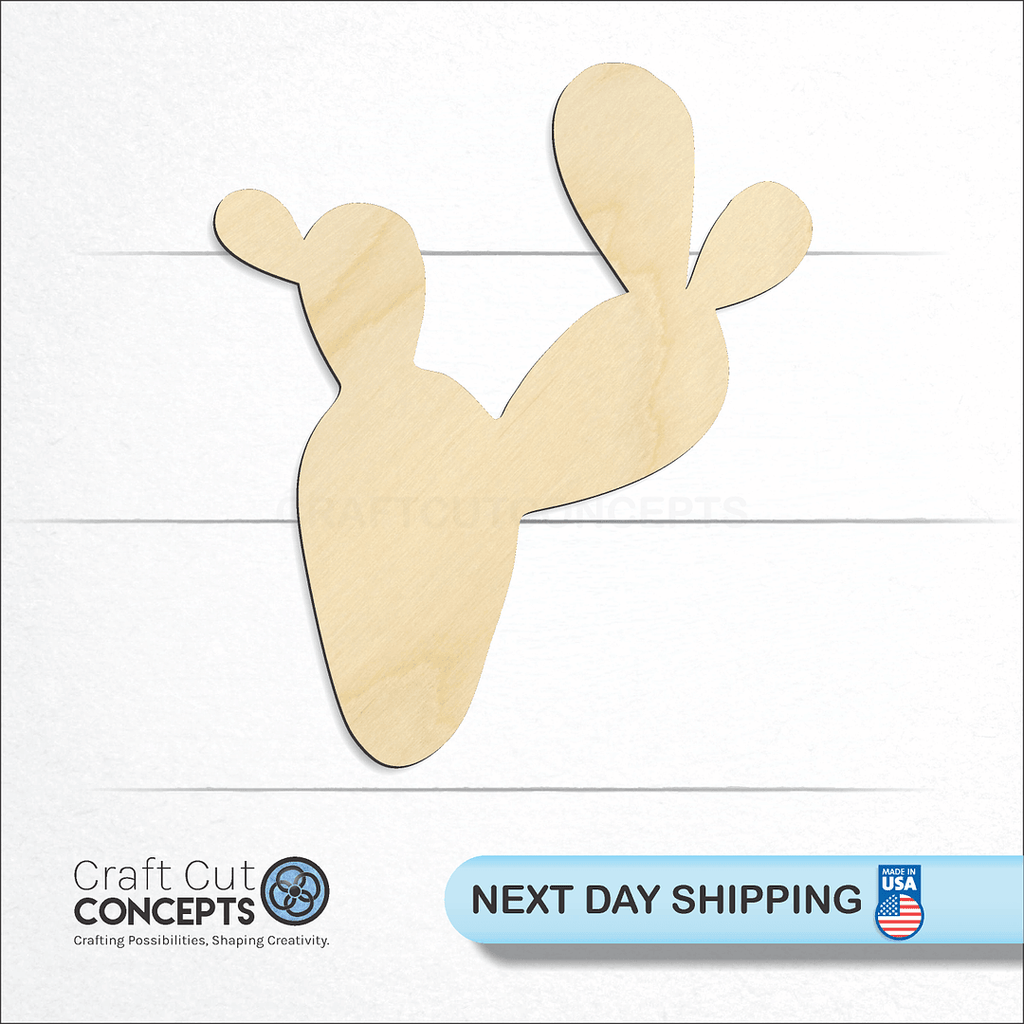 Craft Cut Concepts logo and next day shipping banner with an unfinished wood Prickly Pear Cactus craft shape and blank