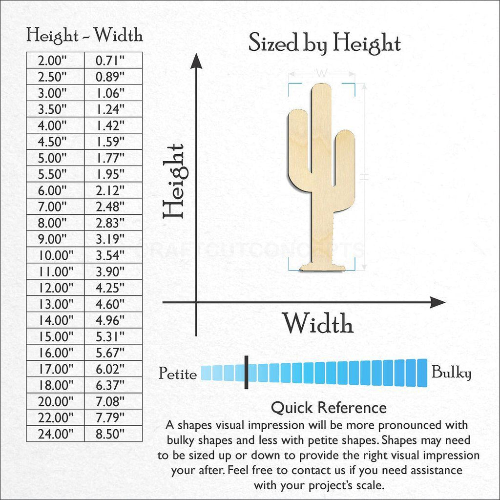 Sizes available for a laser cut Cactus craft blank