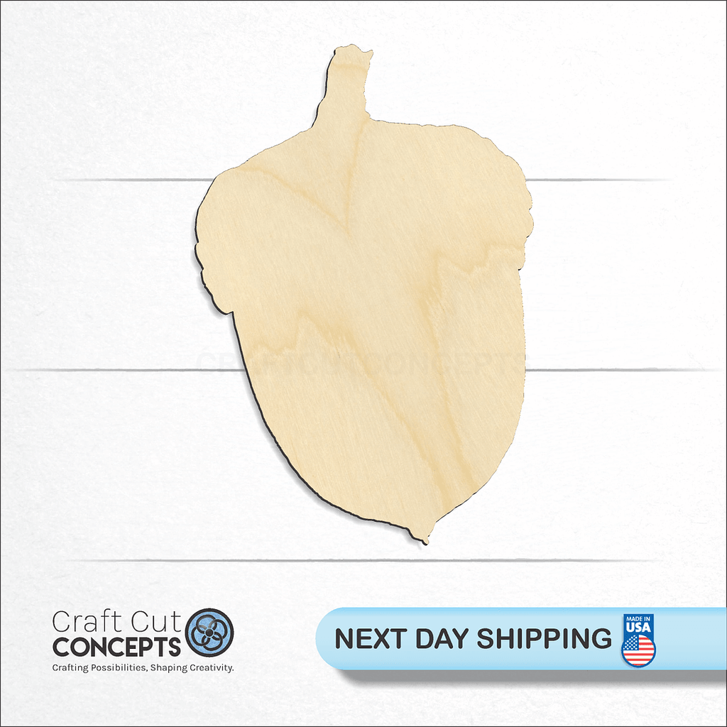 Craft Cut Concepts logo and next day shipping banner with an unfinished wood Acorn craft shape and blank