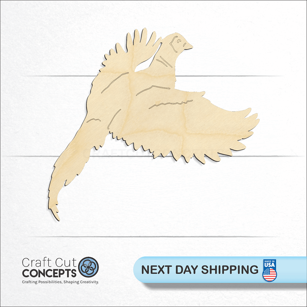 Craft Cut Concepts logo and next day shipping banner with an unfinished wood Pheasant craft shape and blank