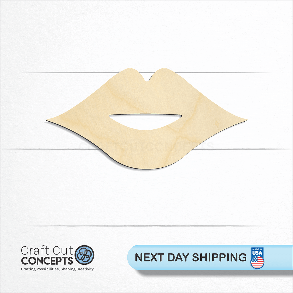 Craft Cut Concepts logo and next day shipping banner with an unfinished wood Lips craft shape and blank