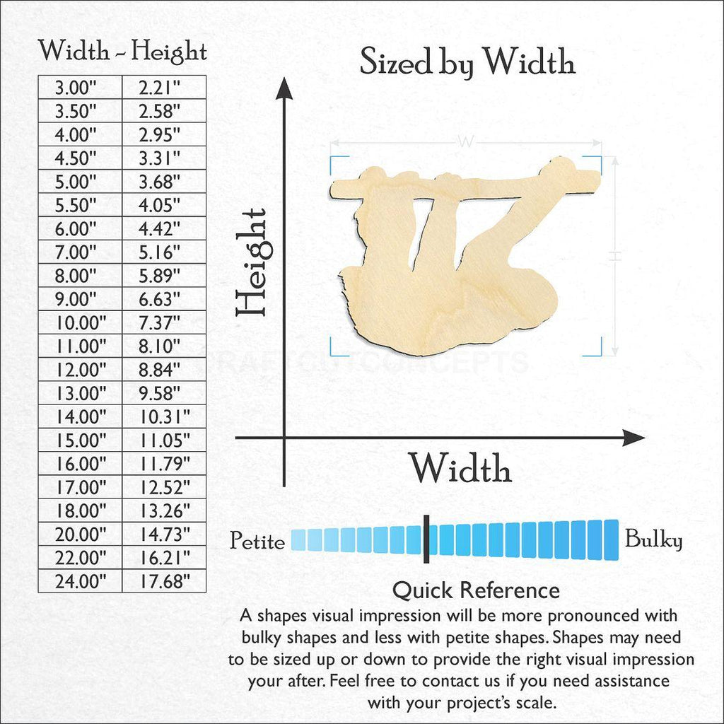 Sizes available for a laser cut Sloth craft blank