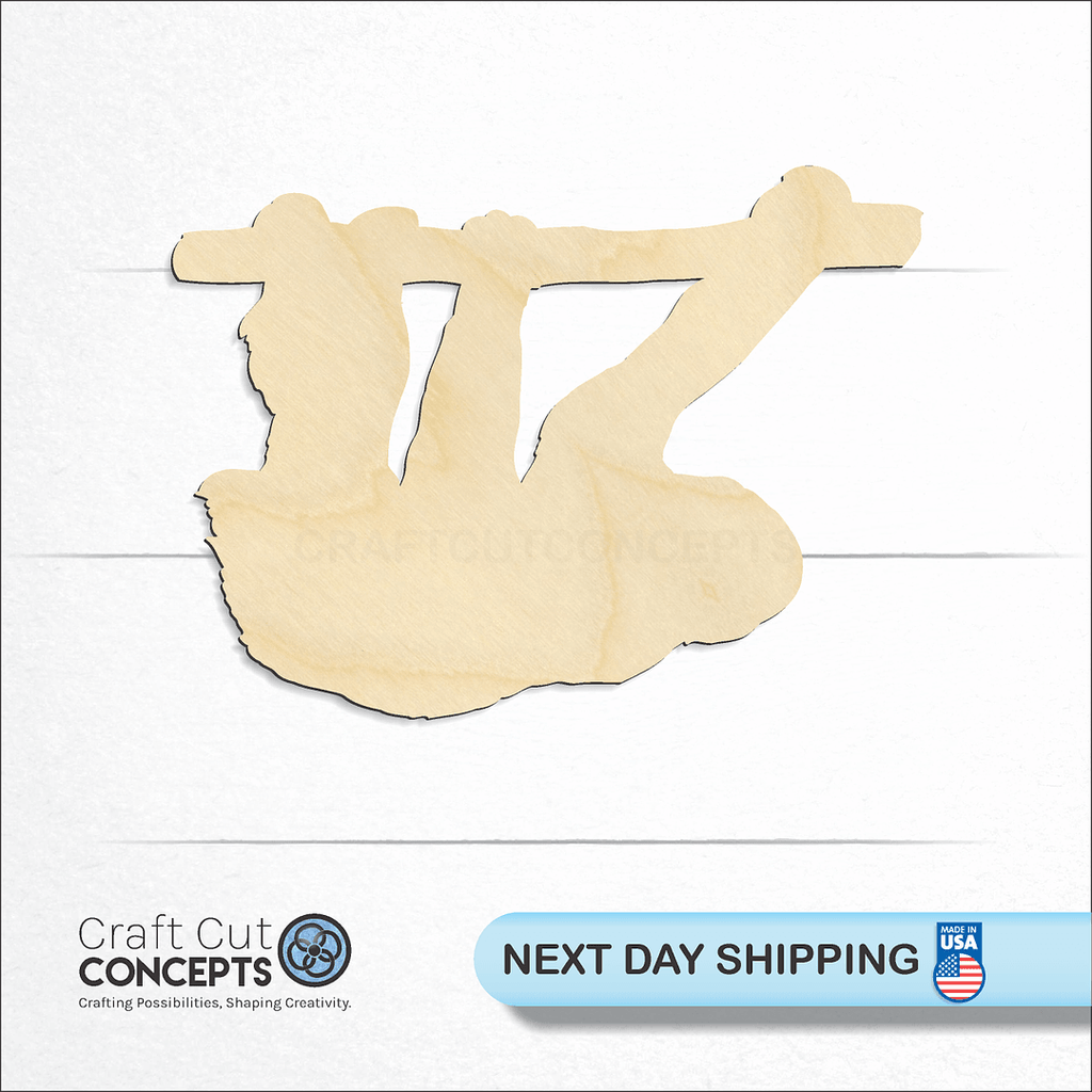 Craft Cut Concepts logo and next day shipping banner with an unfinished wood Sloth craft shape and blank