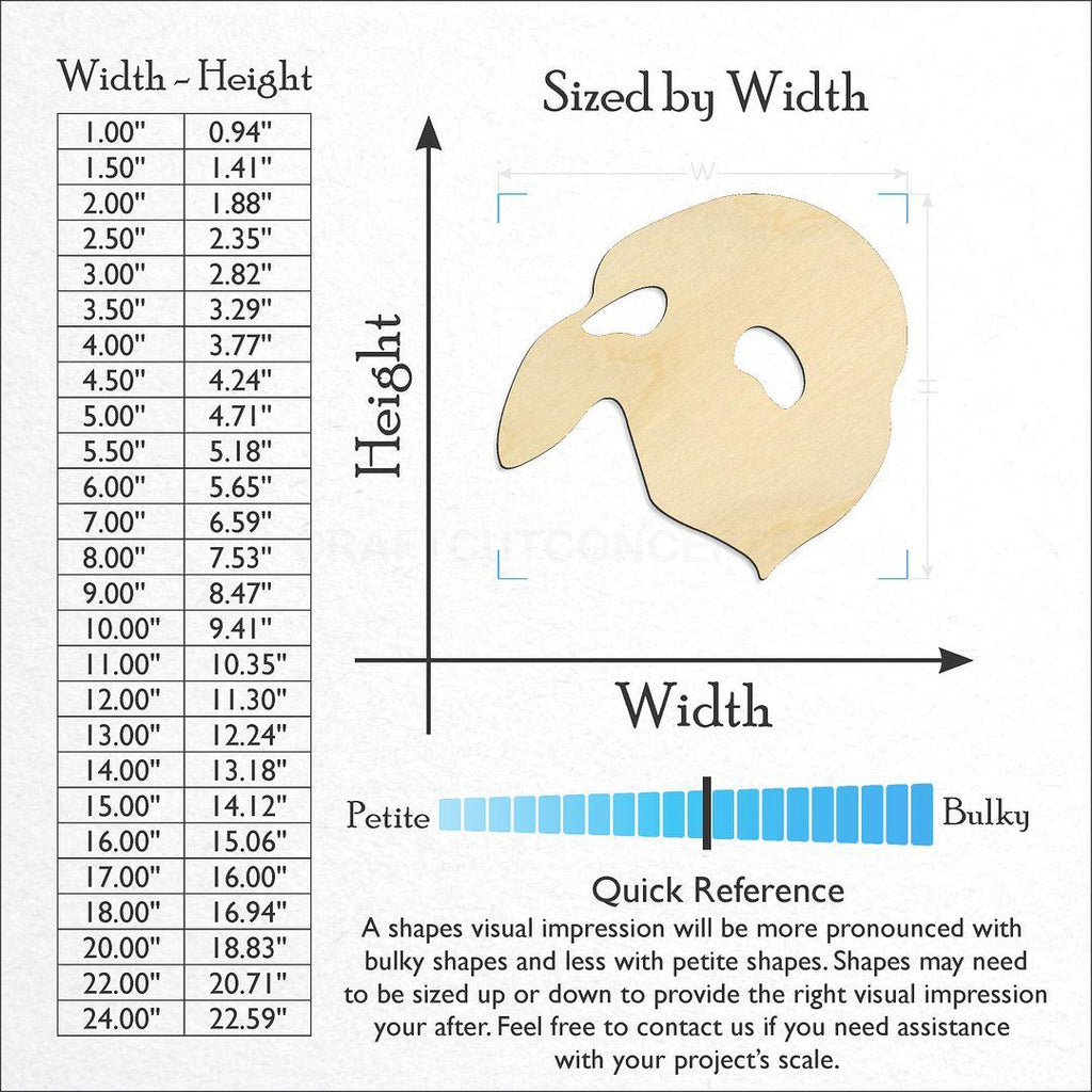 Sizes available for a laser cut Opera Mask craft blank