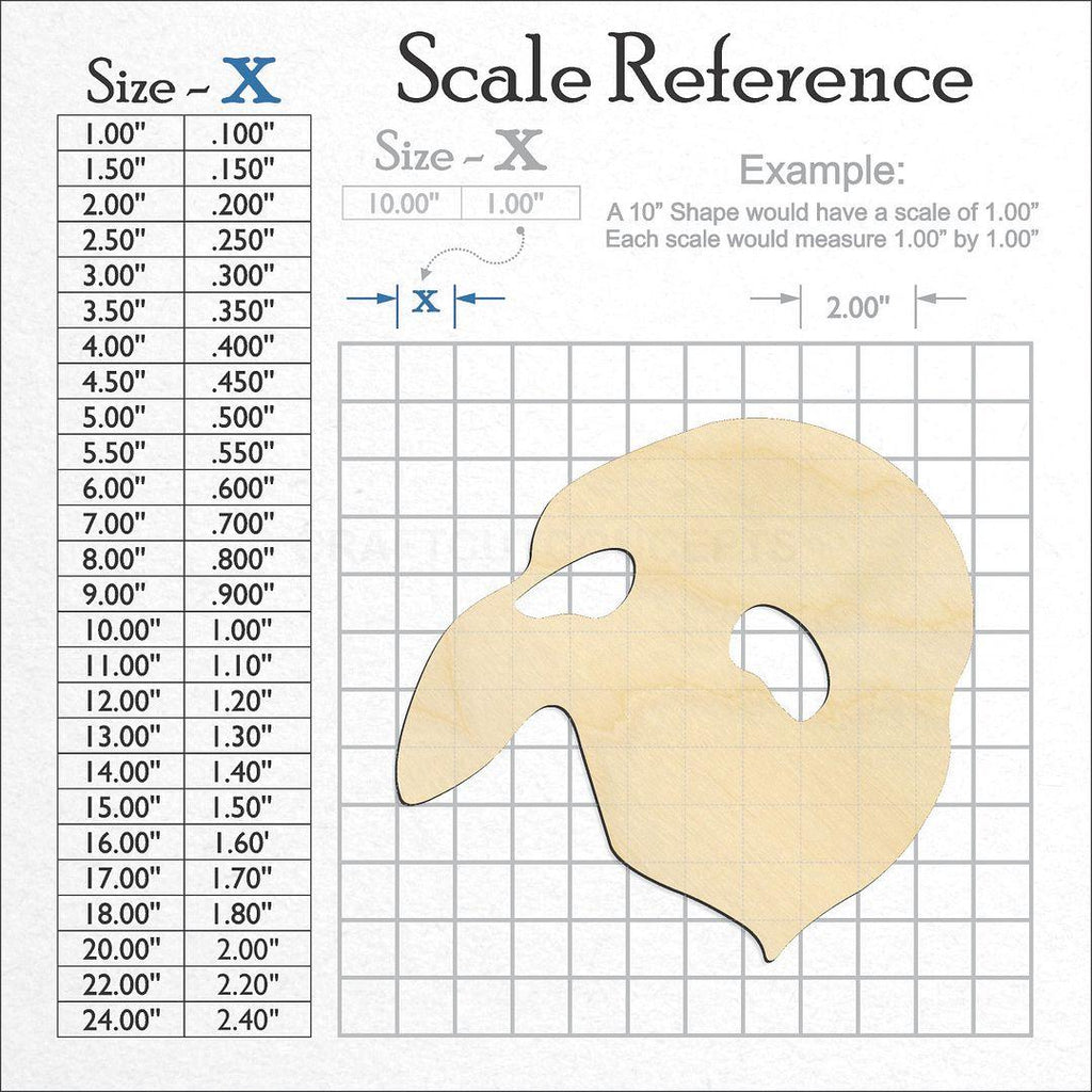 A scale and graph image showing a wood Opera Mask craft blank