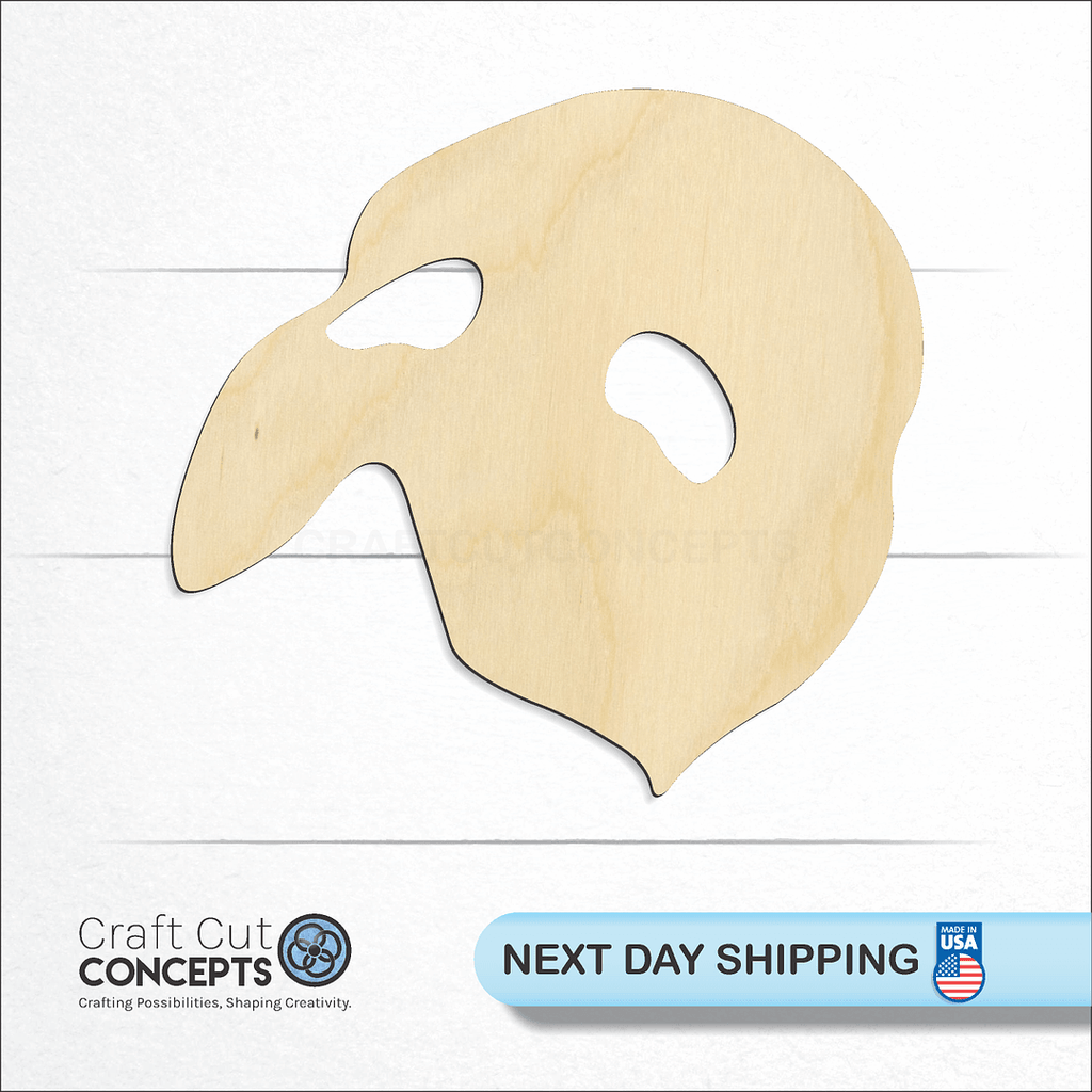 Craft Cut Concepts logo and next day shipping banner with an unfinished wood Opera Mask craft shape and blank