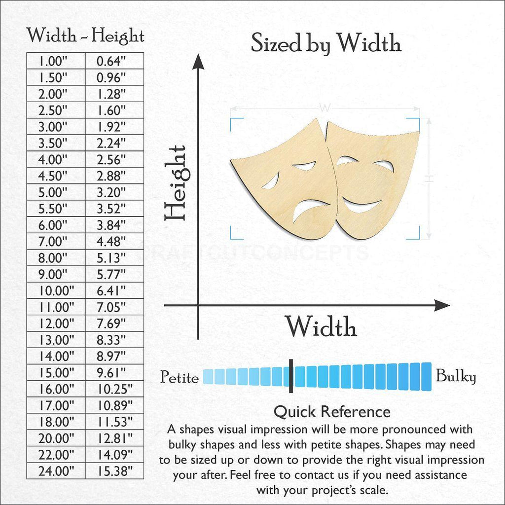 Sizes available for a laser cut Comedy Drama Mask craft blank