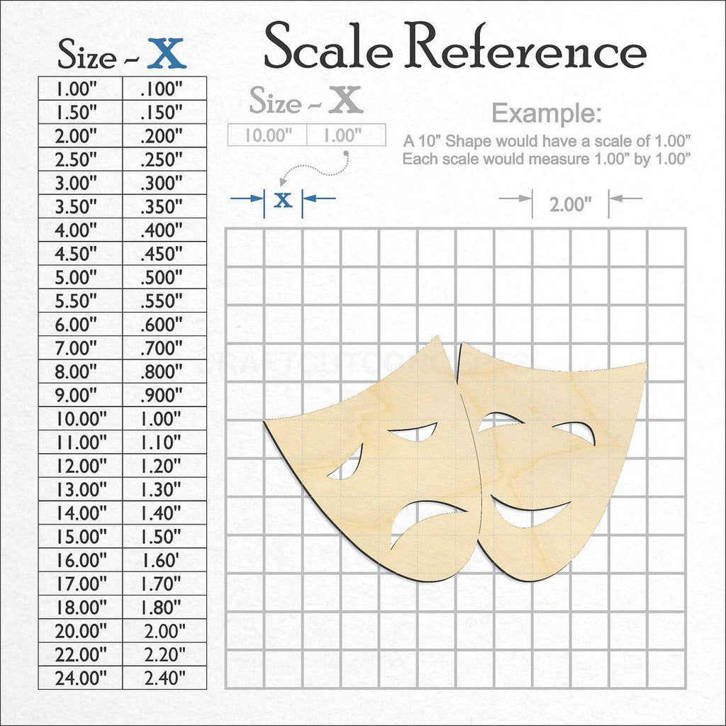 A scale and graph image showing a wood Comedy Drama Mask craft blank