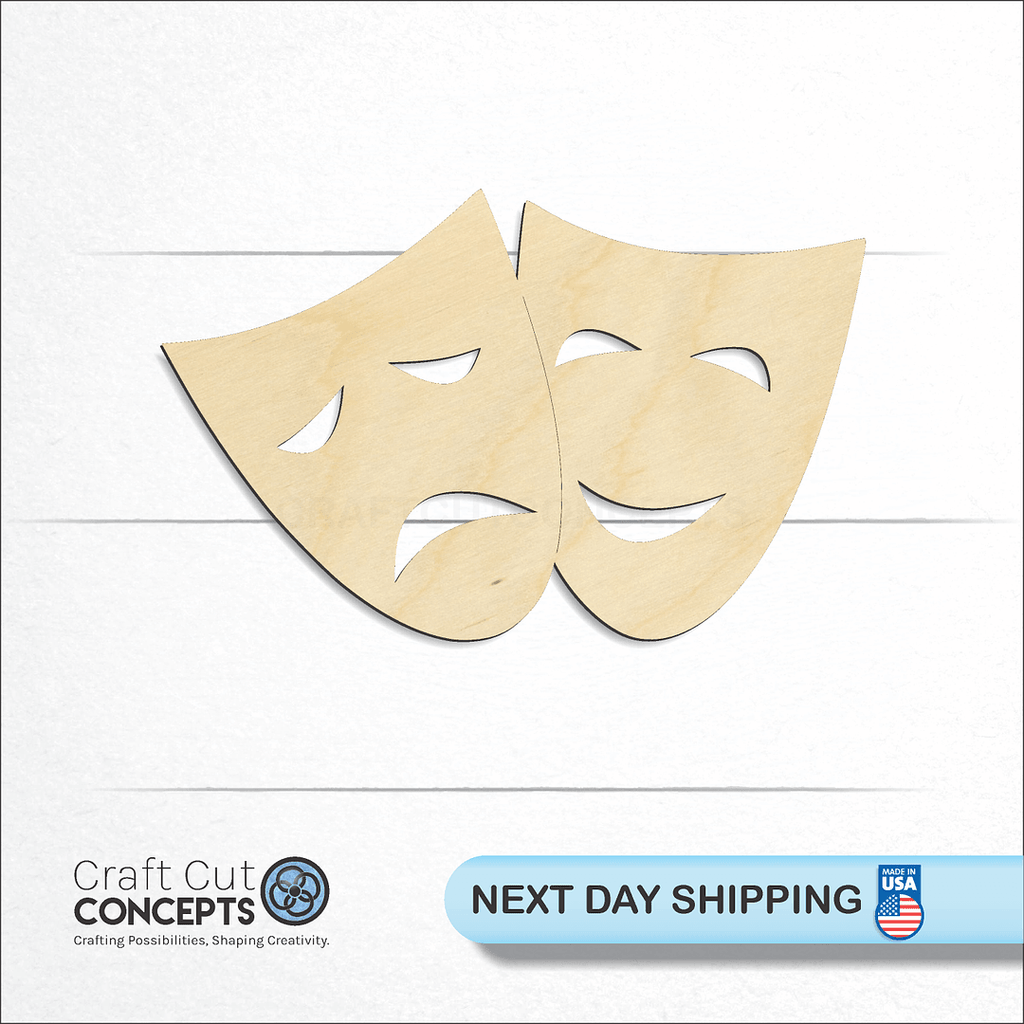 Craft Cut Concepts logo and next day shipping banner with an unfinished wood Comedy Drama Mask craft shape and blank