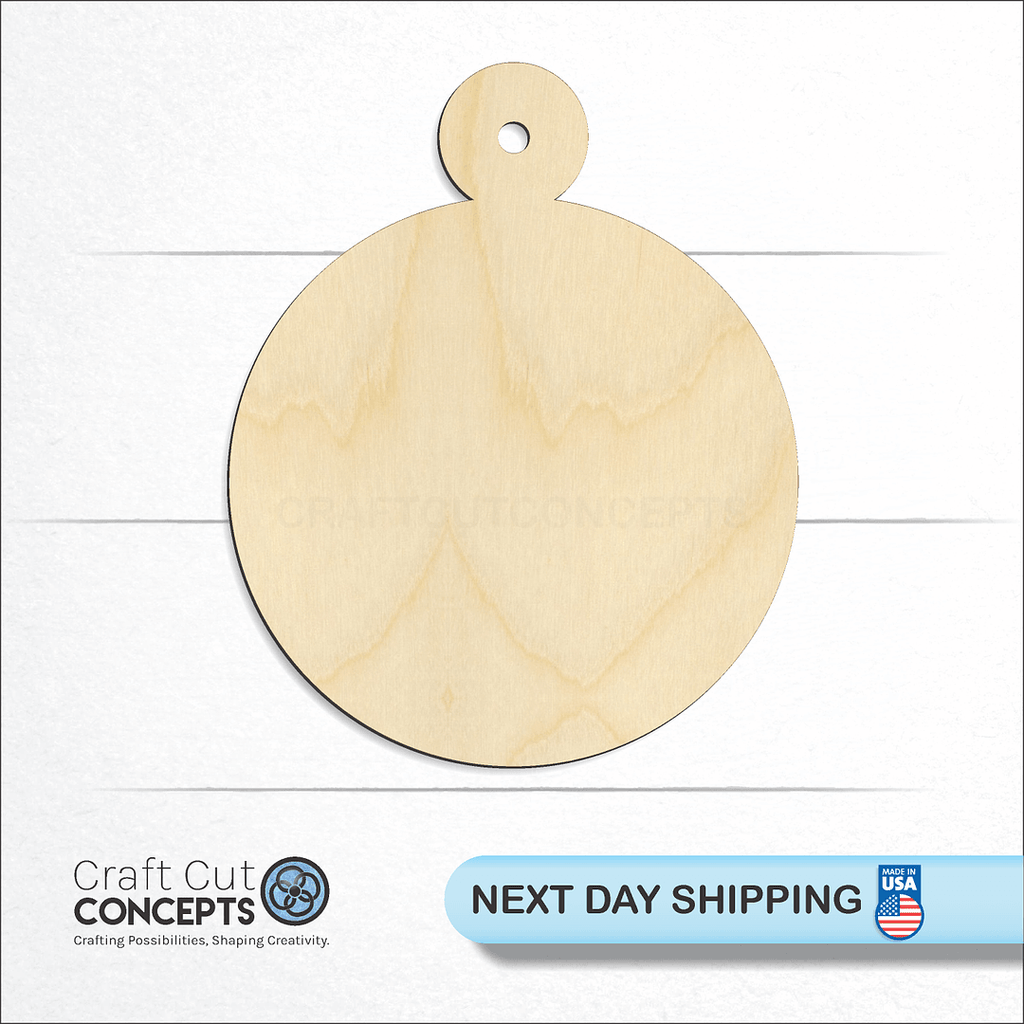 Craft Cut Concepts logo and next day shipping banner with an unfinished wood Christmas Tree Ornament-5 craft shape and blank