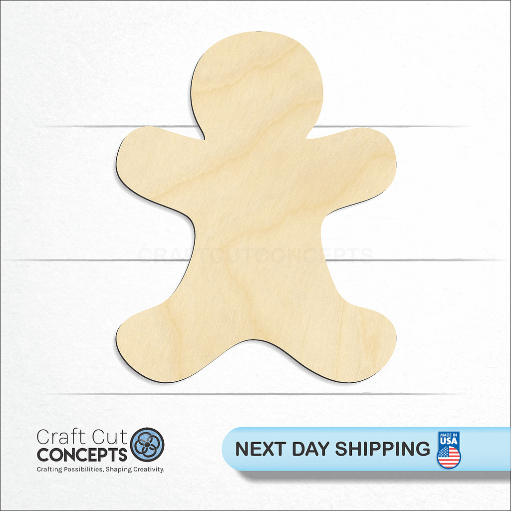 Craft Cut Concepts logo and next day shipping banner with an unfinished wood Gingerbread Man craft shape and blank