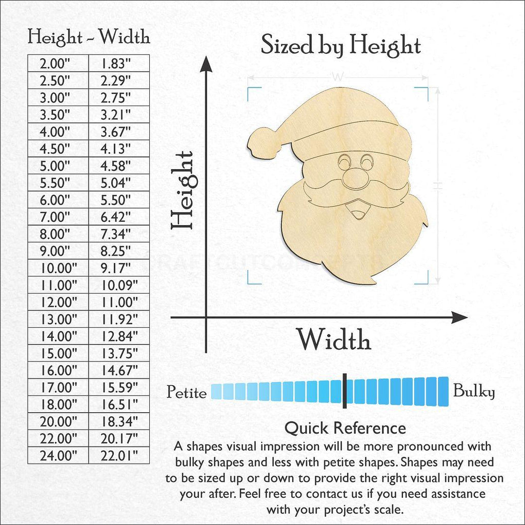 Sizes available for a laser cut Santa Head craft blank