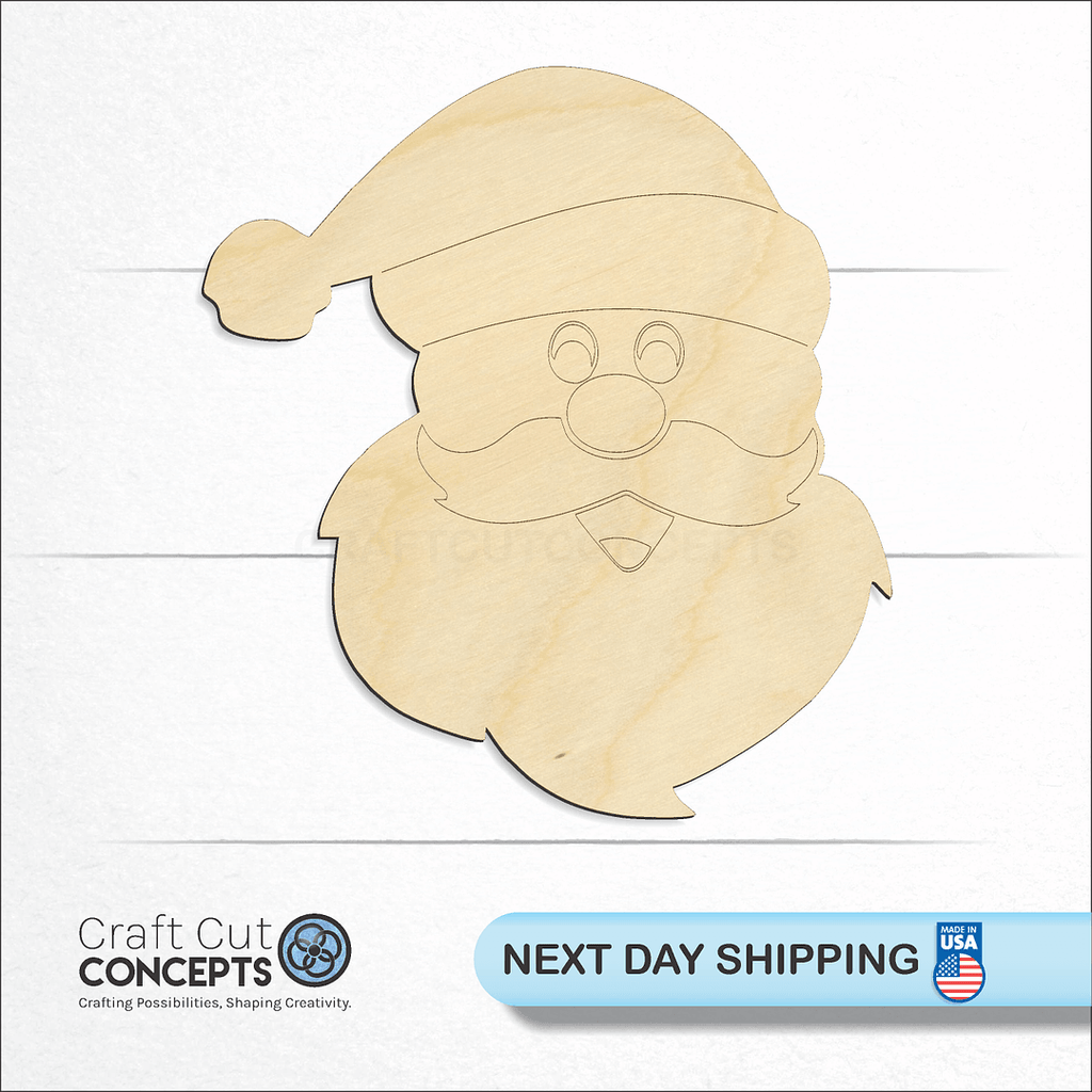 Craft Cut Concepts logo and next day shipping banner with an unfinished wood Santa Head craft shape and blank