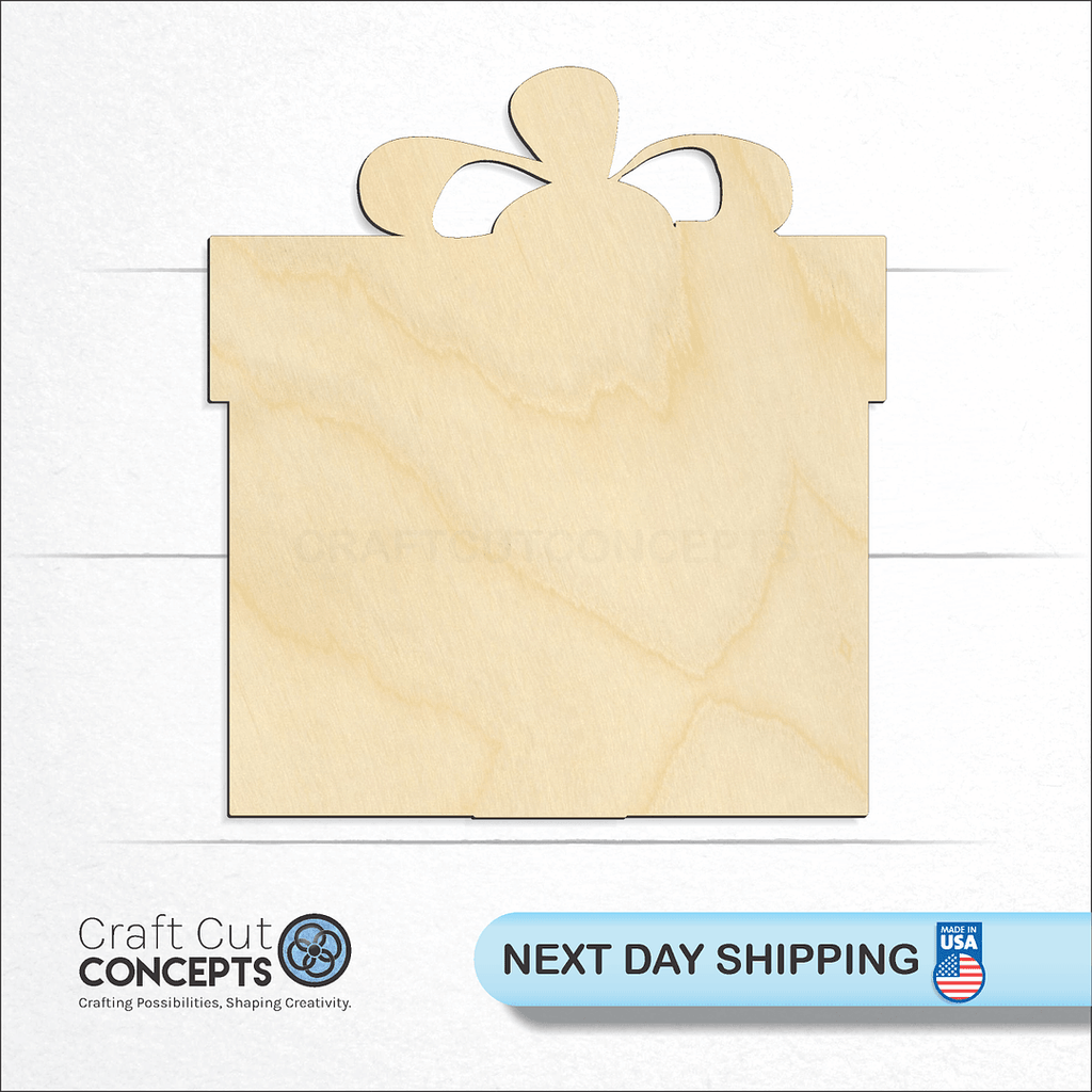 Craft Cut Concepts logo and next day shipping banner with an unfinished wood Christmas Present craft shape and blank