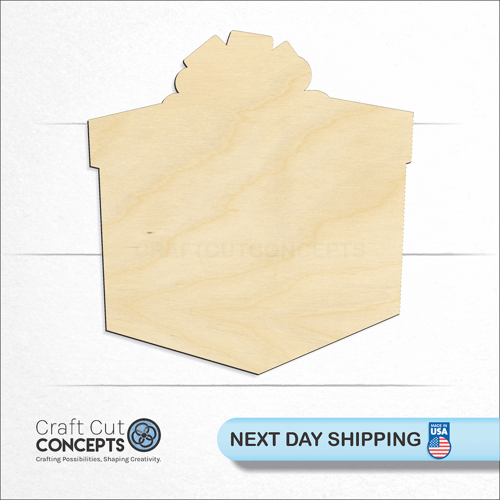 Craft Cut Concepts logo and next day shipping banner with an unfinished wood Christmas Present-2 craft shape and blank