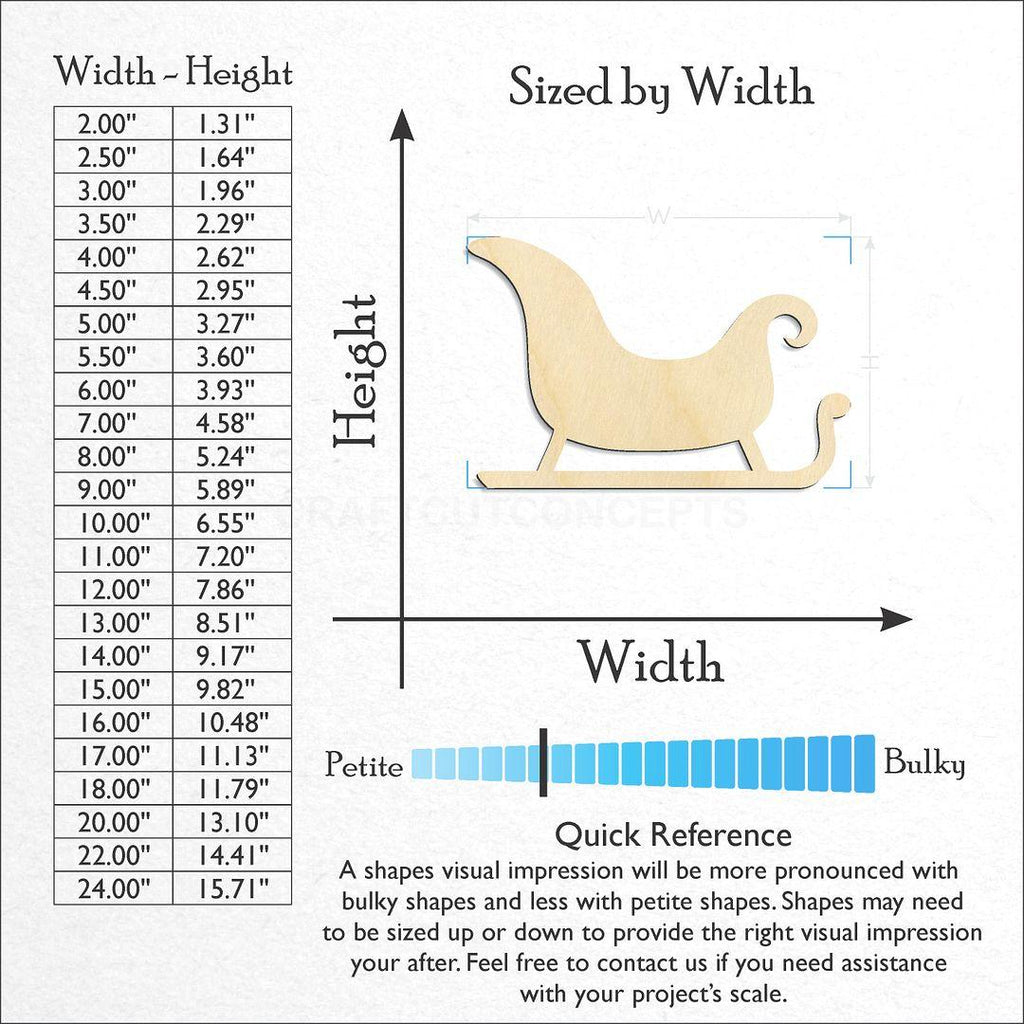 Sizes available for a laser cut Christmas Sleigh craft blank
