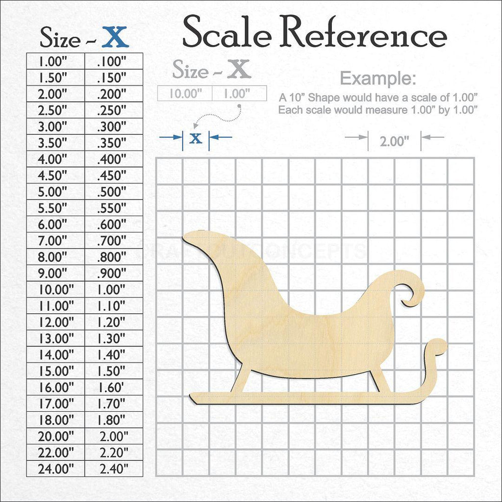 A scale and graph image showing a wood Christmas Sleigh craft blank