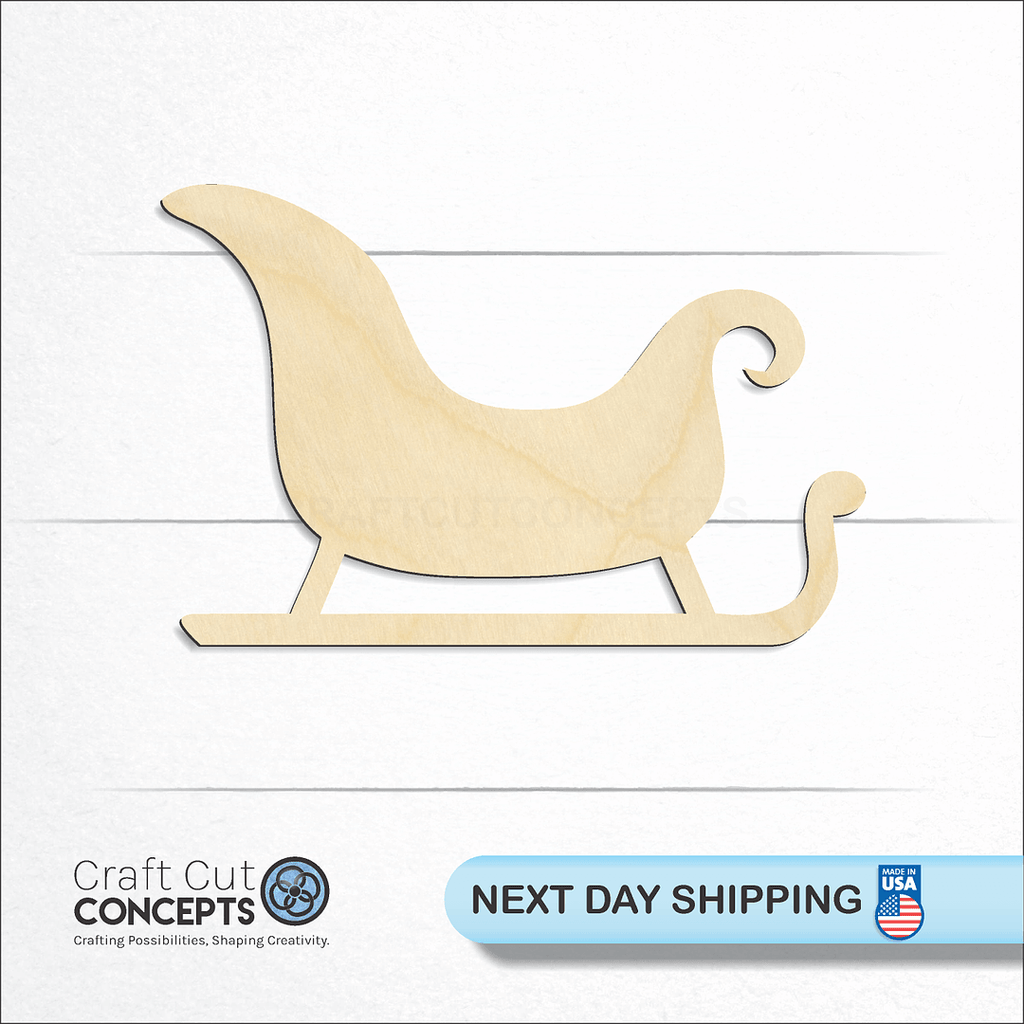 Craft Cut Concepts logo and next day shipping banner with an unfinished wood Christmas Sleigh craft shape and blank