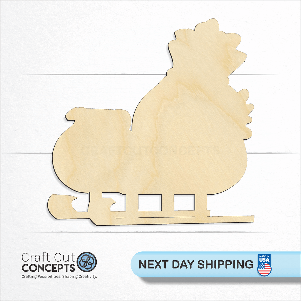 Craft Cut Concepts logo and next day shipping banner with an unfinished wood Christmas Sleigh-2 craft shape and blank