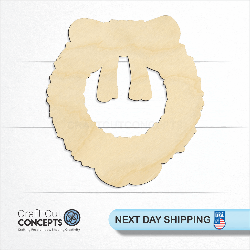 Craft Cut Concepts logo and next day shipping banner with an unfinished wood Christmas Wreath craft shape and blank