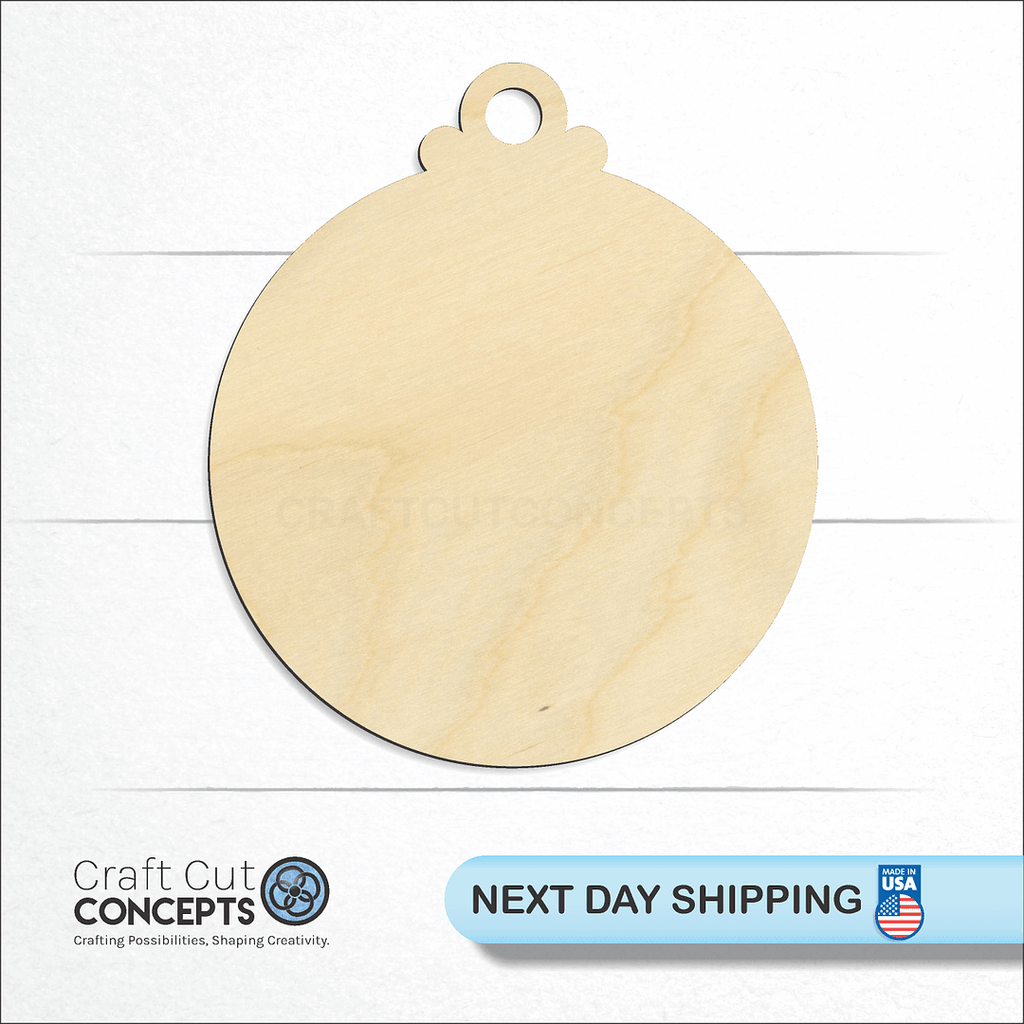 Craft Cut Concepts logo and next day shipping banner with an unfinished wood Christmas Ornament craft shape and blank