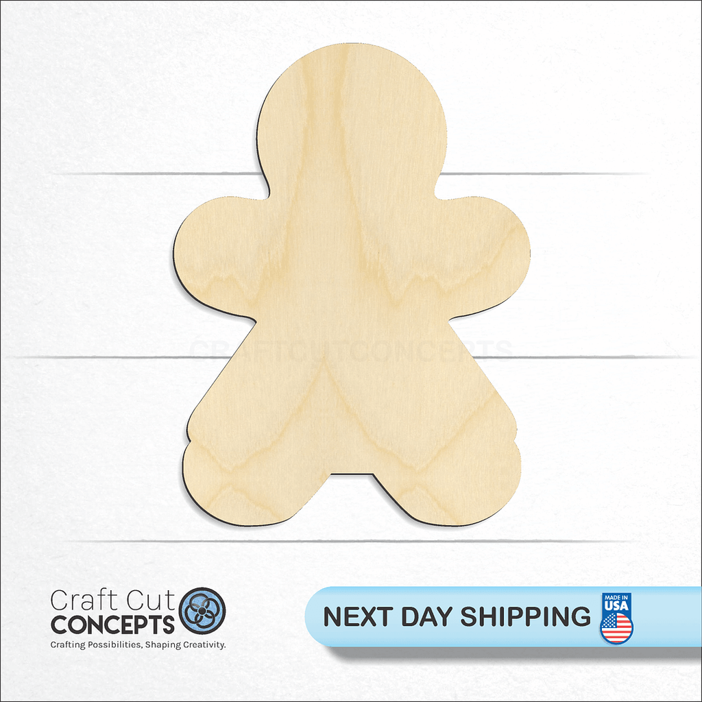 Craft Cut Concepts logo and next day shipping banner with an unfinished wood Gingerbread Woman craft shape and blank