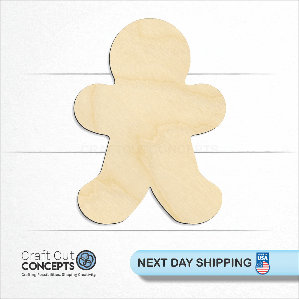 Craft Cut Concepts logo and next day shipping banner with an unfinished wood Gingerbread Man craft shape and blank