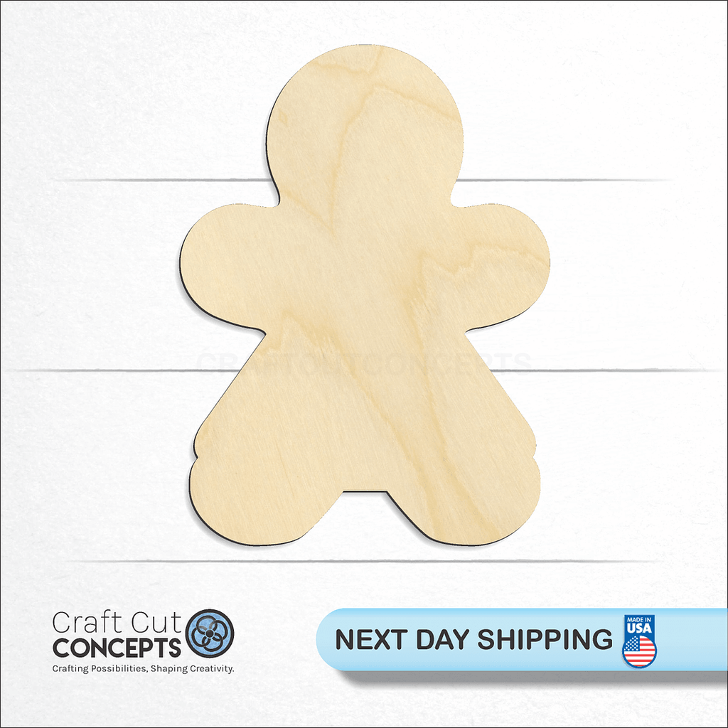 Craft Cut Concepts logo and next day shipping banner with an unfinished wood Gingerbread Woman craft shape and blank