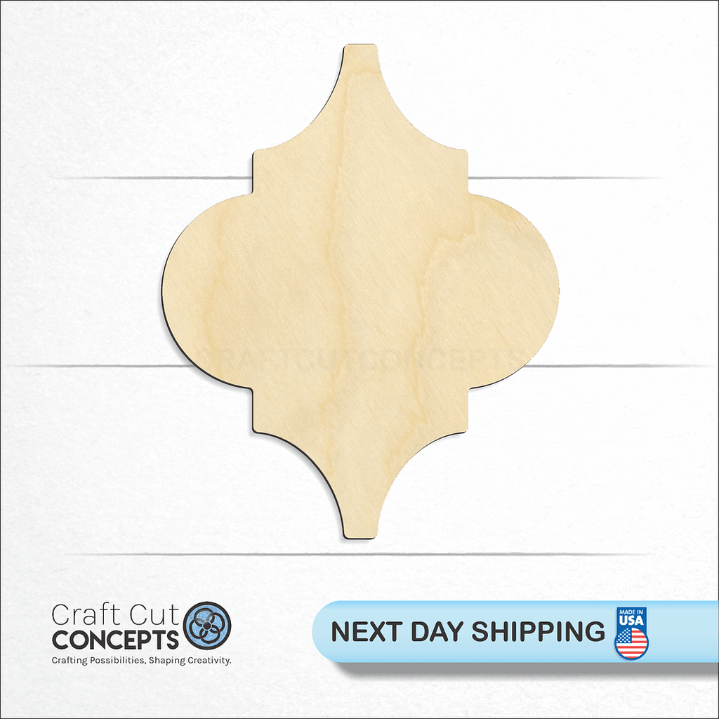 Craft Cut Concepts logo and next day shipping banner with an unfinished wood Arabesque craft shape and blank