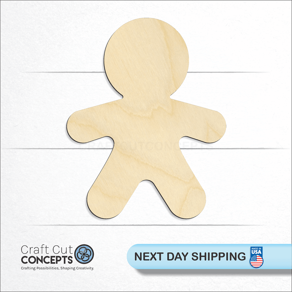 Craft Cut Concepts logo and next day shipping banner with an unfinished wood Gingerbread Man craft shape and blank