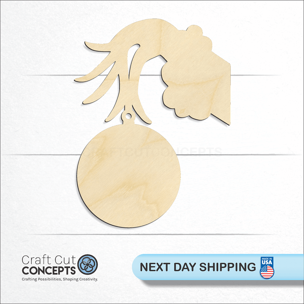 Craft Cut Concepts logo and next day shipping banner with an unfinished wood Christmas Hand craft shape and blank