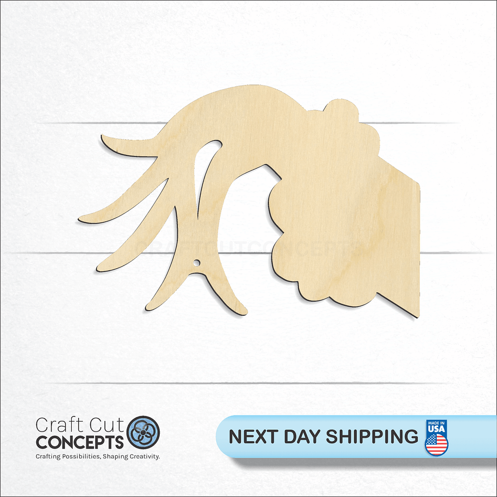 Craft Cut Concepts logo and next day shipping banner with an unfinished wood Ornament Hook Christmas Hand craft shape and blank