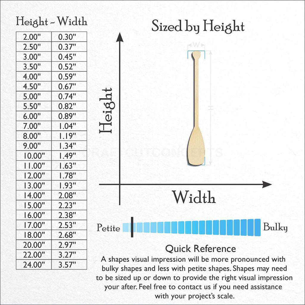 Sizes available for a laser cut Canoe Oar craft blank