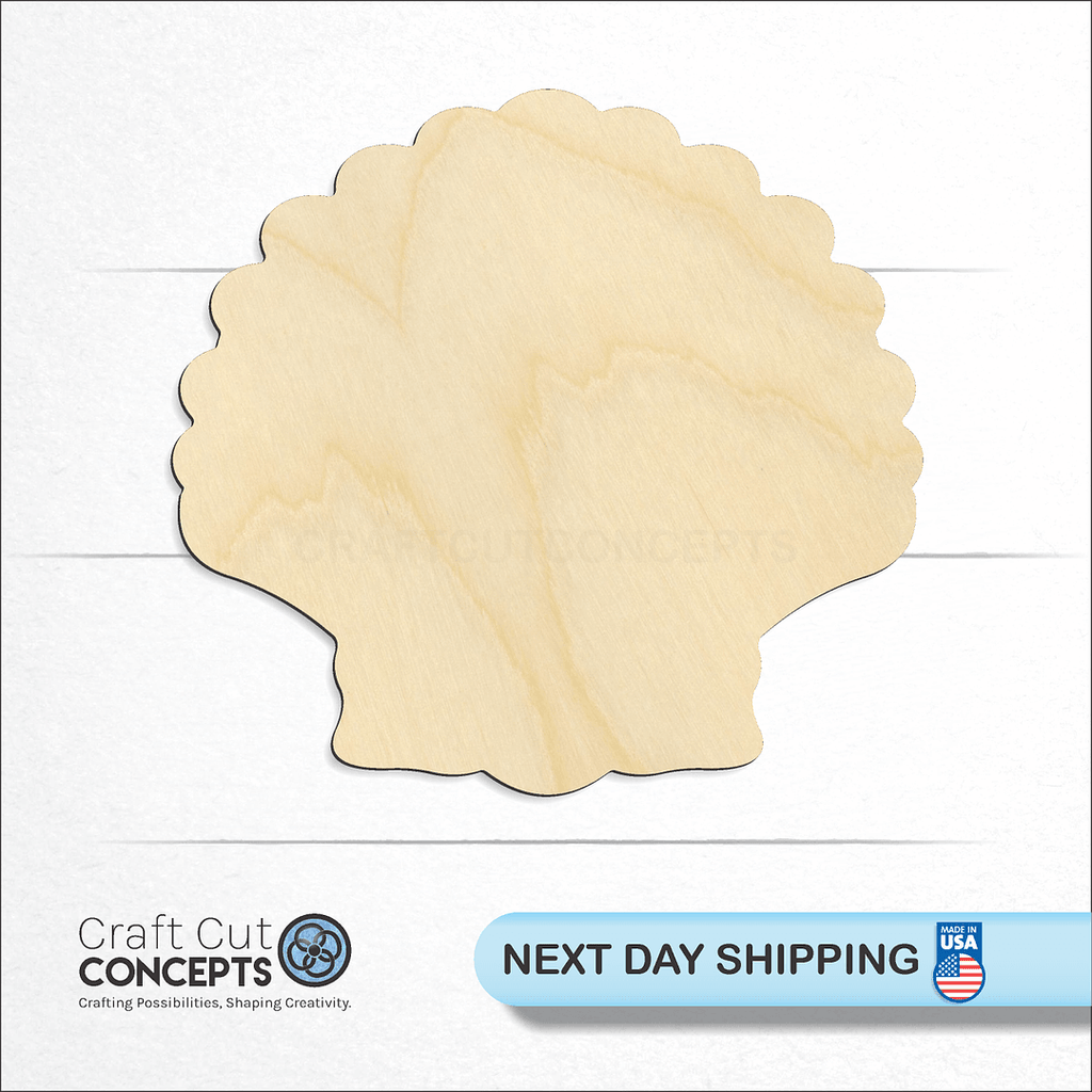 Craft Cut Concepts logo and next day shipping banner with an unfinished wood Sea Shell Clam craft shape and blank