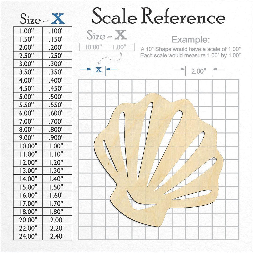 A scale and graph image showing a wood Sea Shell Clam craft blank