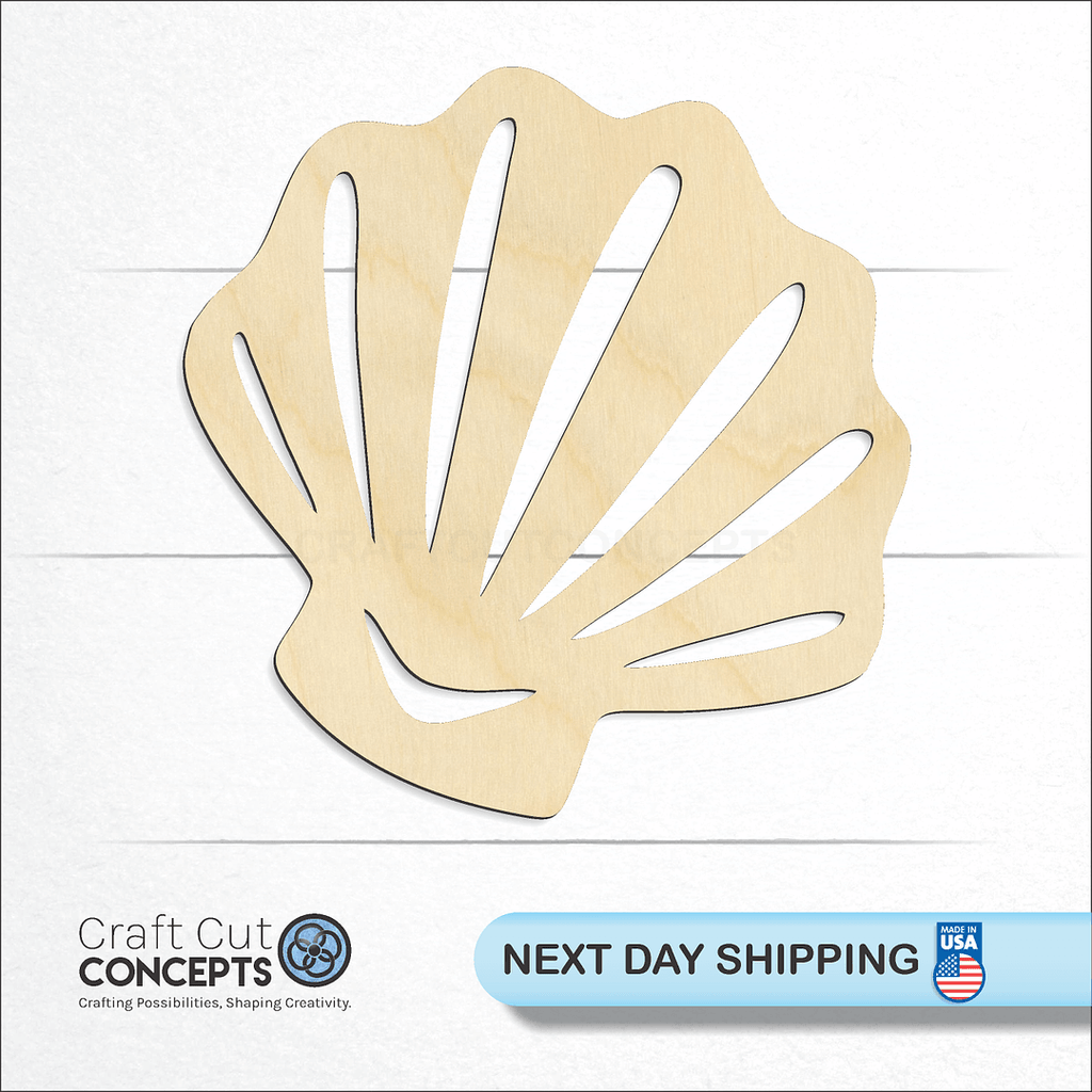 Craft Cut Concepts logo and next day shipping banner with an unfinished wood Sea Shell Clam craft shape and blank