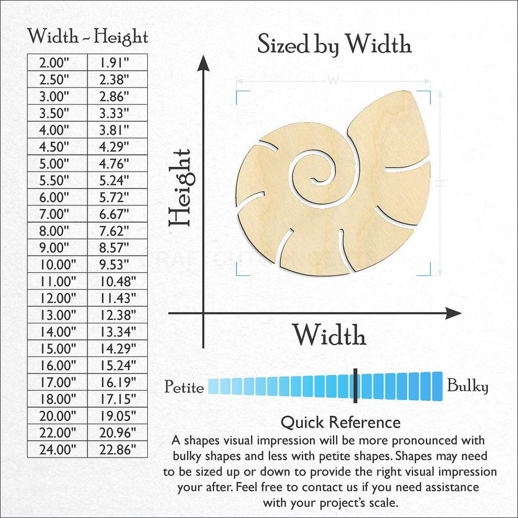 Sizes available for a laser cut nautilus shell craft blank