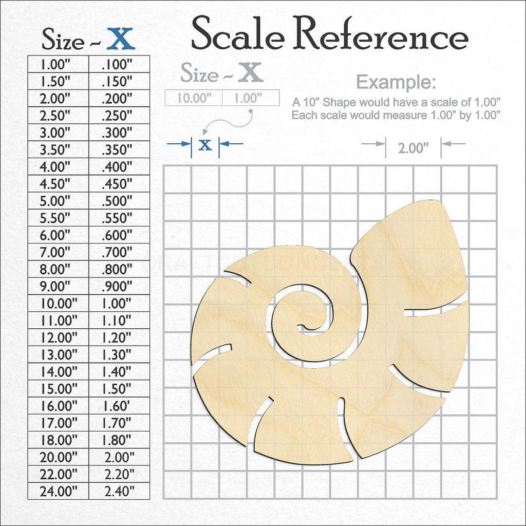 A scale and graph image showing a wood nautilus shell craft blank