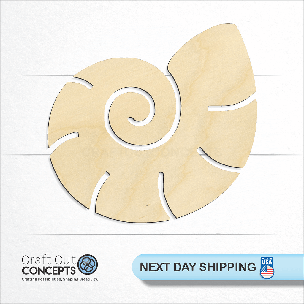 Craft Cut Concepts logo and next day shipping banner with an unfinished wood nautilus shell craft shape and blank