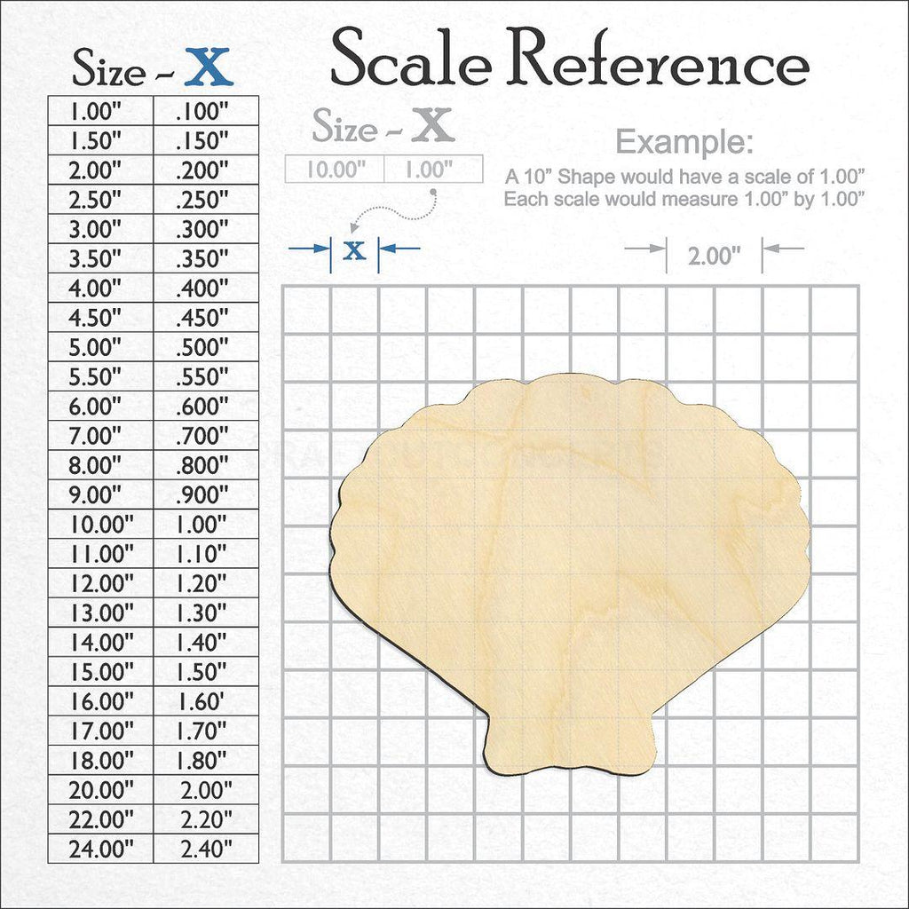 A scale and graph image showing a wood Sea Shell Clam craft blank