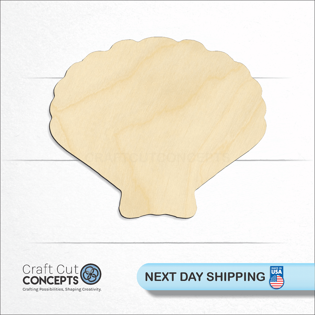 Craft Cut Concepts logo and next day shipping banner with an unfinished wood Sea Shell Clam craft shape and blank