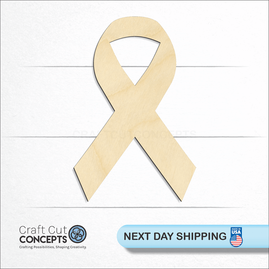 Craft Cut Concepts logo and next day shipping banner with an unfinished wood Cancer Ribbon craft shape and blank