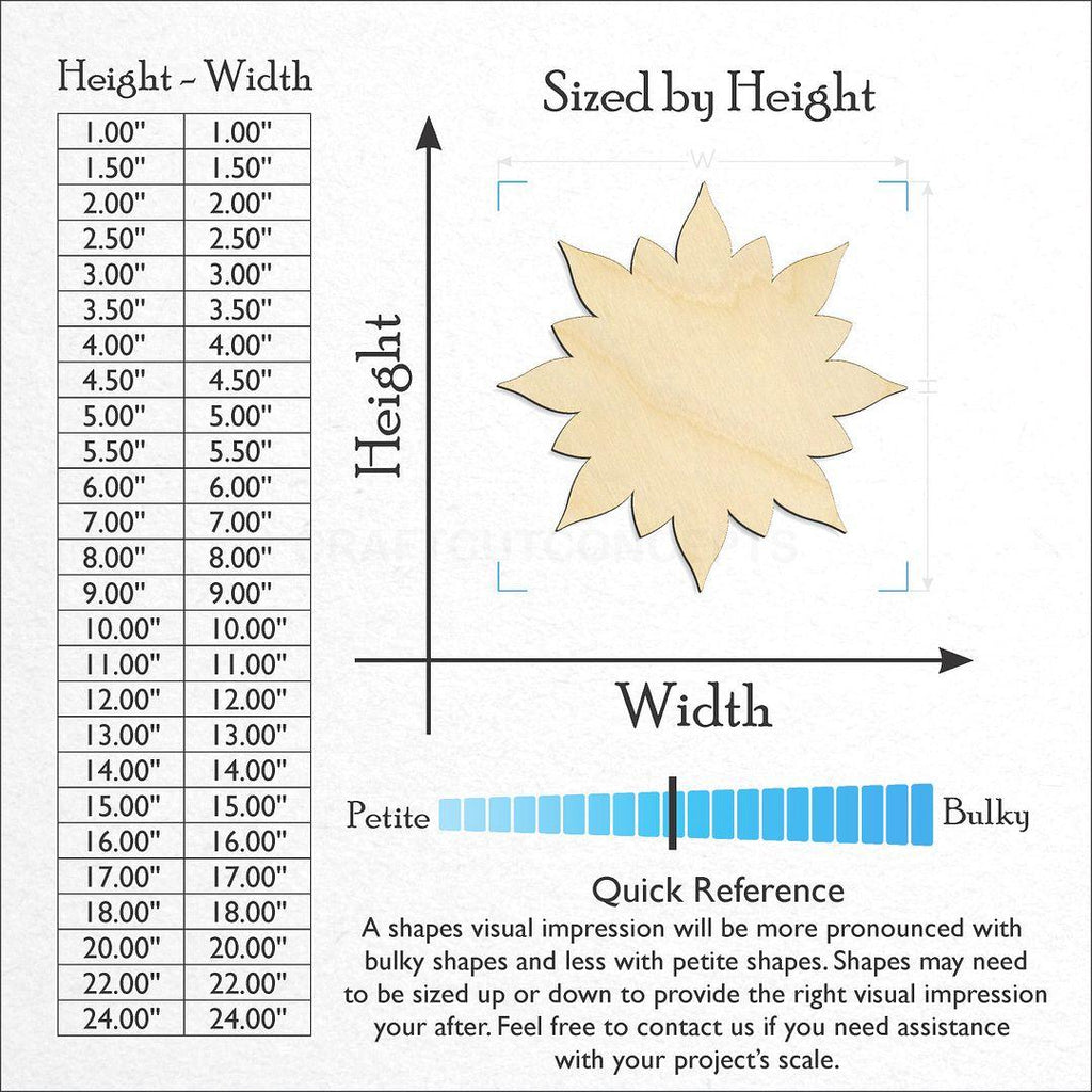 Sizes available for a laser cut Star Burst craft blank