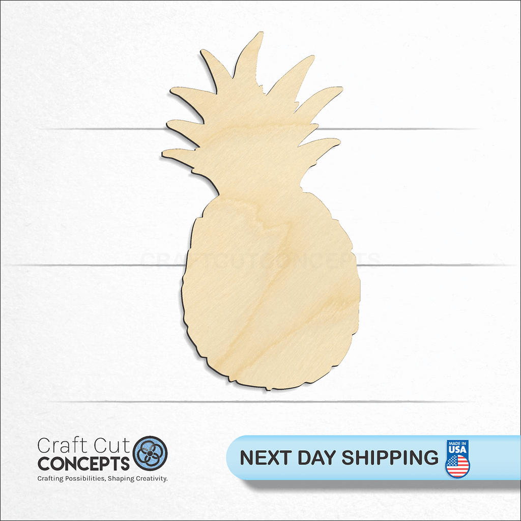 Craft Cut Concepts logo and next day shipping banner with an unfinished wood Pineapple craft shape and blank