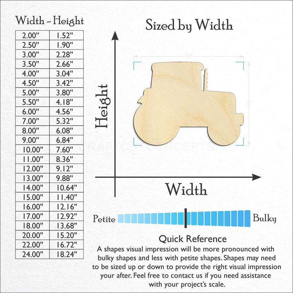 Sizes available for a laser cut Tractor craft blank
