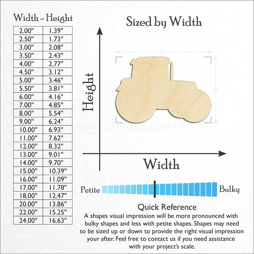 Sizes available for a laser cut Tractor craft blank
