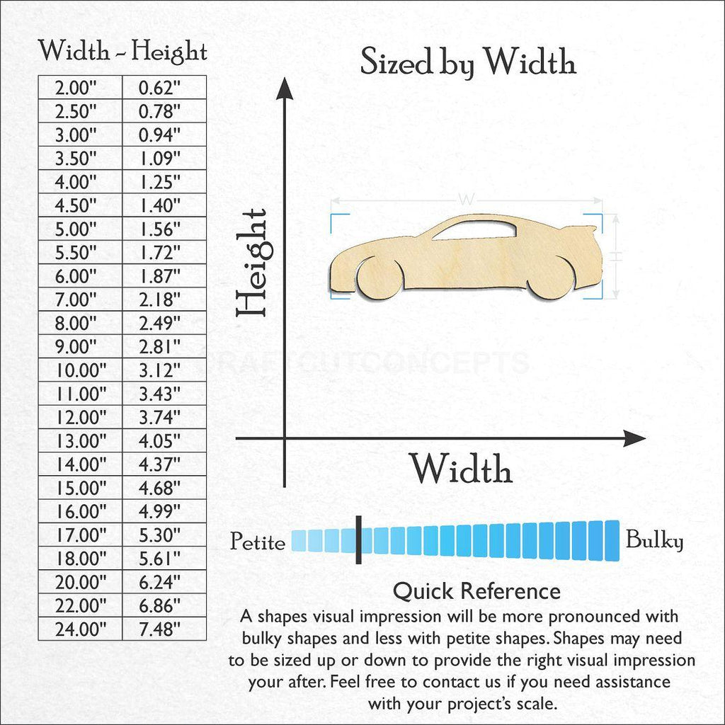 Sizes available for a laser cut Sports Car craft blank