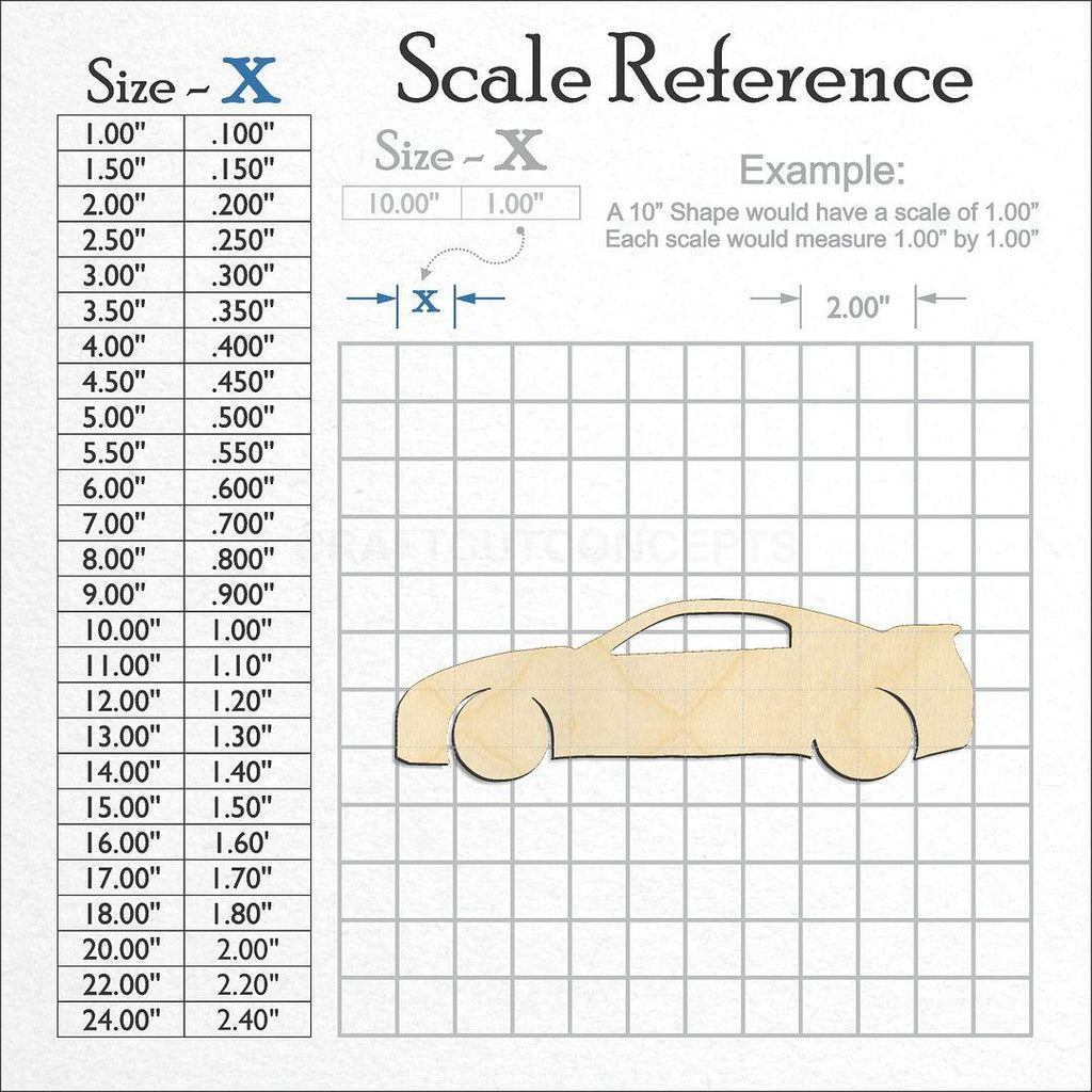 A scale and graph image showing a wood Sports Car craft blank