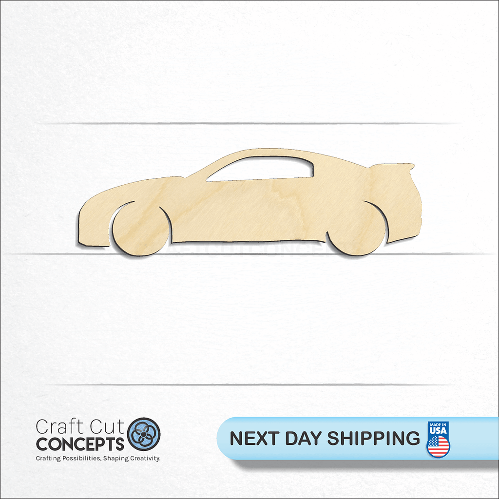 Craft Cut Concepts logo and next day shipping banner with an unfinished wood Sports Car craft shape and blank