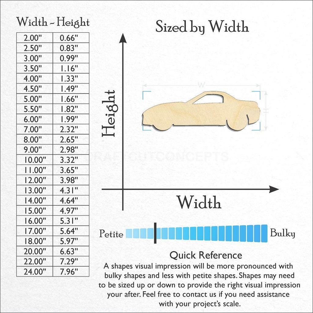 Sizes available for a laser cut Sports Car 2 craft blank